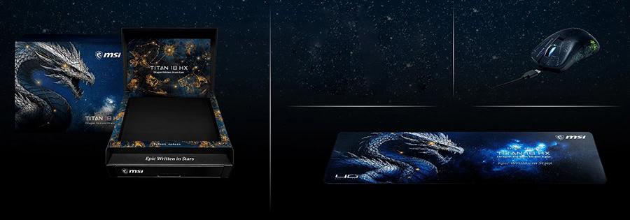 MSI TITAN 18 HX Dragon Edition gaming laptop ve aksesuarları, yüksek performans ve şık tasarım detaylarıyla dikkat çekiyor.