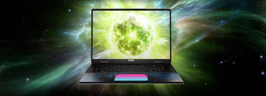 MSI TITAN 18 HX Dragon Edition gaming laptop ekranında yeşil enerji patlaması efektiyle gösteriliyor.