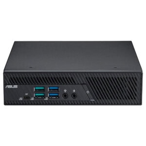 ASUS PB64-B50060MH mini bilgisayarın ön paneli, USB portları, kulaklık ve mikrofon girişleri ile şık tasarımı.