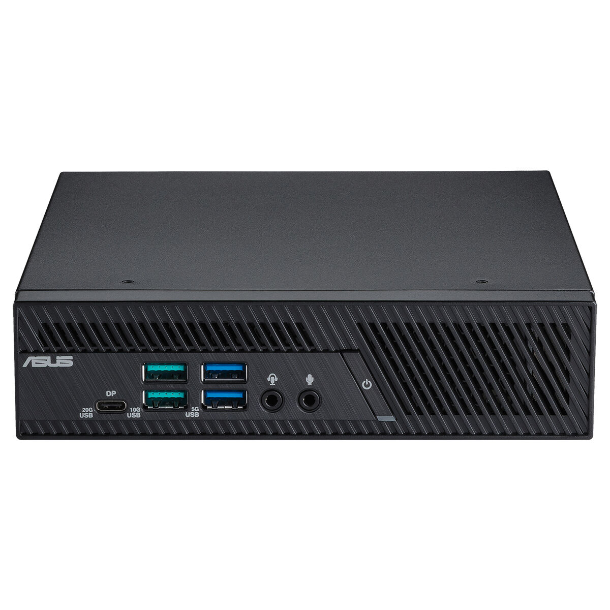 ASUS PB64-B50060MH mini bilgisayarın ön paneli, USB portları, kulaklık ve mikrofon girişleri ile şık tasarımı.