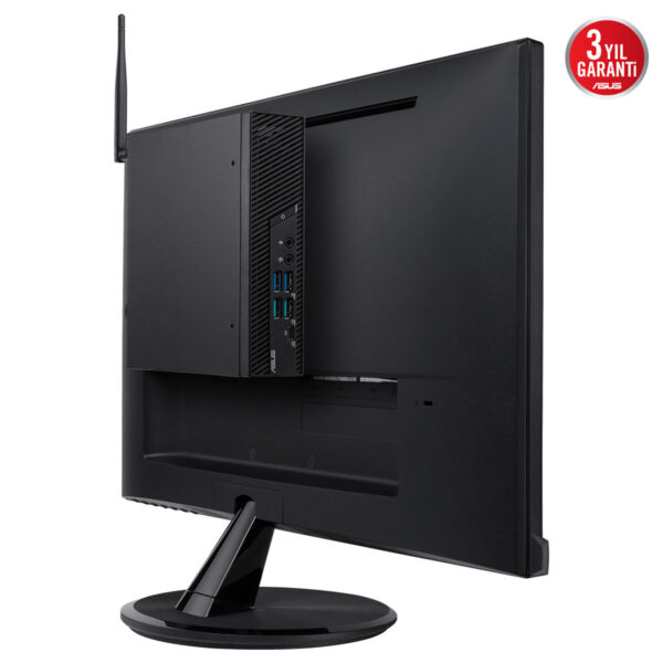 ASUS mini bilgisayar ve monitör arka görünüm, USB portları ve bağlantı noktaları detaylı şekilde gösteriliyor.