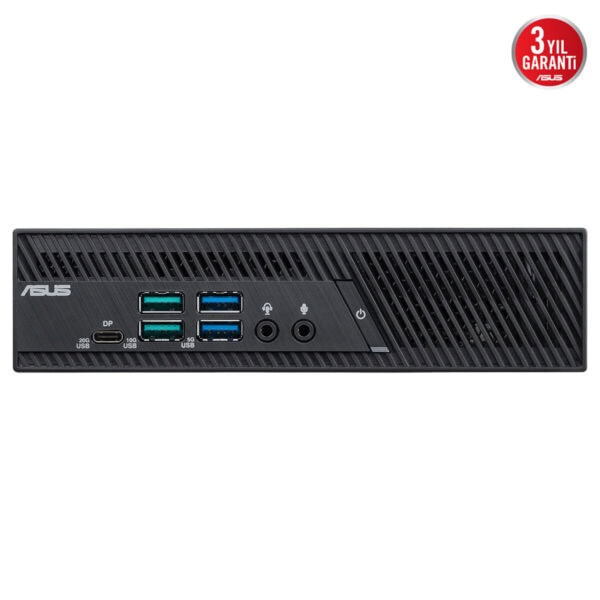 ASUS mini bilgisayarın ön paneli, USB portları, kulaklık ve mikrofon girişleri ile birlikte 3 yıl garanti etiketiyle gösteriliyor.
