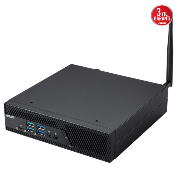 ASUS PB64-B50060MH mini bilgisayar, çoklu bağlantı portları ve kablosuz anten ile kompakt tasarım.
