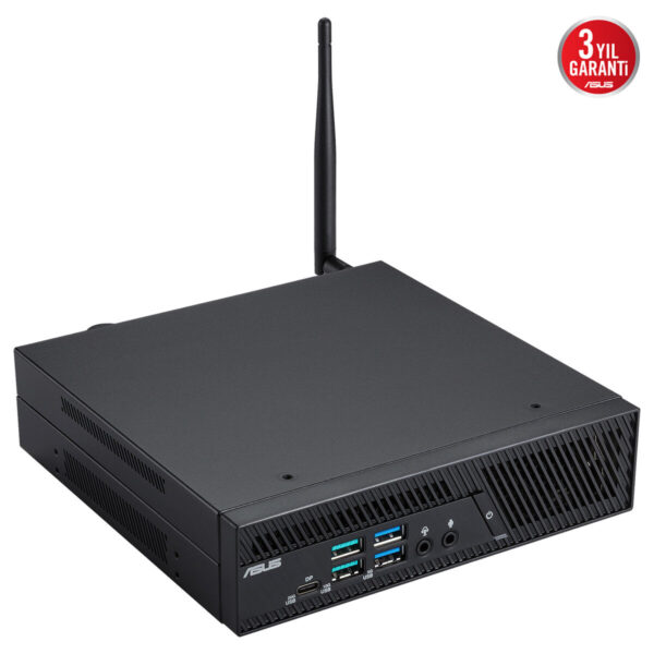 ASUS mini bilgisayar, kablosuz bağlantı anteni ve çeşitli bağlantı portlarıyla donatılmış, kompakt ve güçlü bir mini bilgisayar.