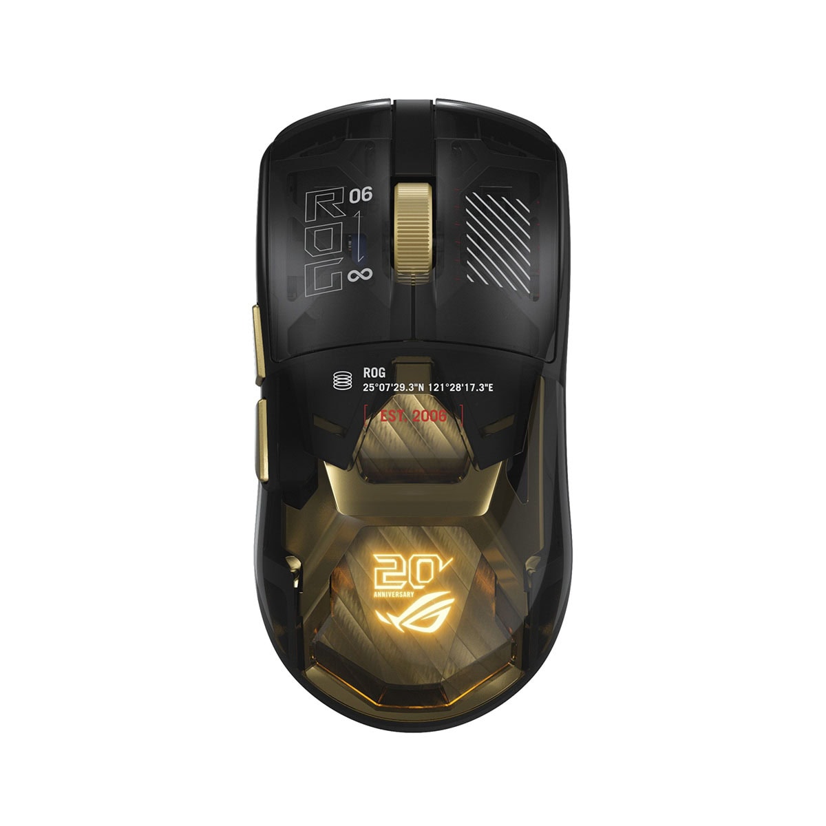 ASUS ROG Harpe II Extreme Edition 20. Yıl 8K Hz Kablosuz Gaming Mouse, siyah ve altın detaylar, yüksek performanslı oyun mouse'u.
