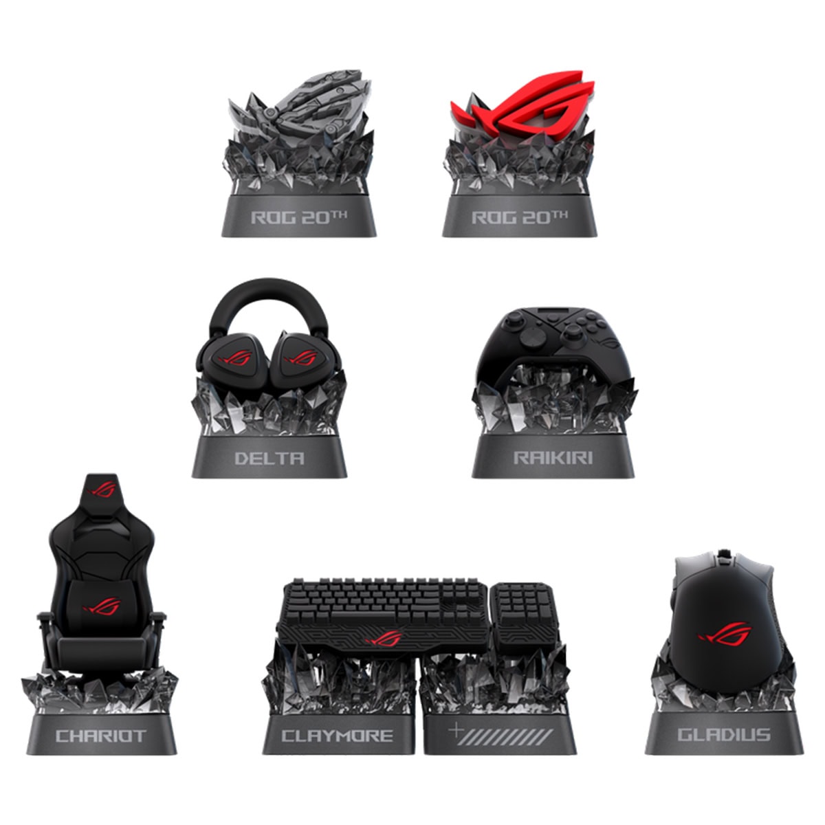 ASUS ROG 20. Yıl Keycap Seti ve gaming aksesuarları, detaylı ve şık tasarımlarla dikkat çekiyor.