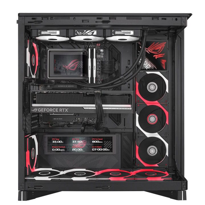 Yüksek performanslı oyun bilgisayarı iç yapısı, ASUS ROG Cronox ARGB ve Eurux GR120 soğutucu ile donatılmış, güçlü donanım ve LED aydınlatma detaylarıyla dikkat çekiyor.