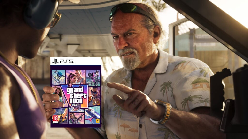 Yaşlı adam, PlayStation 5 oyun kutusunu göstererek genç oyuncuya anlatıyor, arka planda araç içi ve dış manzara görünümü.