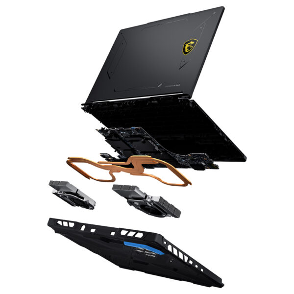 MSI CROSSHAIR 16 MAX HX gaming dizüstü bilgisayarın iç bileşenleri ve soğutma sistemi detayları.