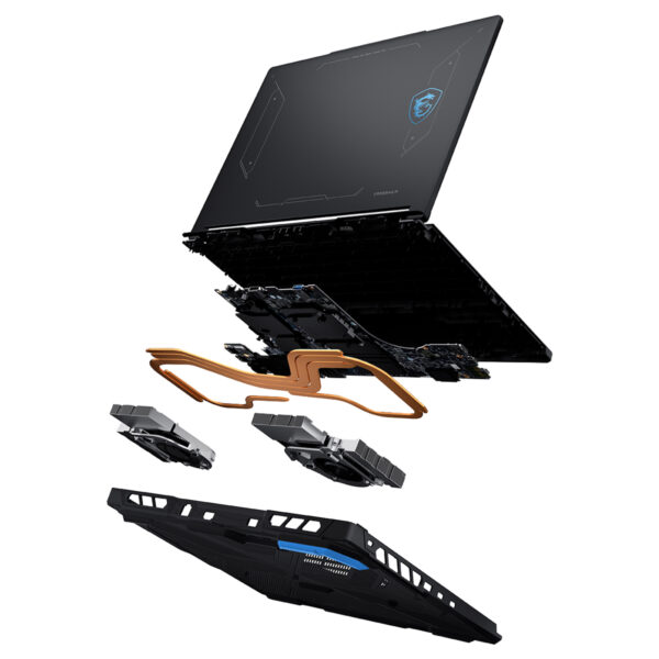 MSI CROSSHAIR A16 HX gaming dizüstü bilgisayarın iç yapısı ve bileşenleri detaylı şekilde gösteriliyor.