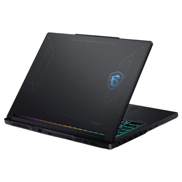 MSI CROSSHAIR A16 HX oyun dizüstü bilgisayarı açık konumda, RGB aydınlatmalı klavye ve şık tasarımıyla dikkat çekiyor.