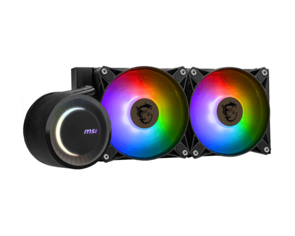 MSI markalı RGB aydınlatmalı soğutucu fanlar ve pompa seti, bilgisayar kasası içi sıvı soğutma sistemi için ideal, yüksek performanslı ve şık tasarım.
