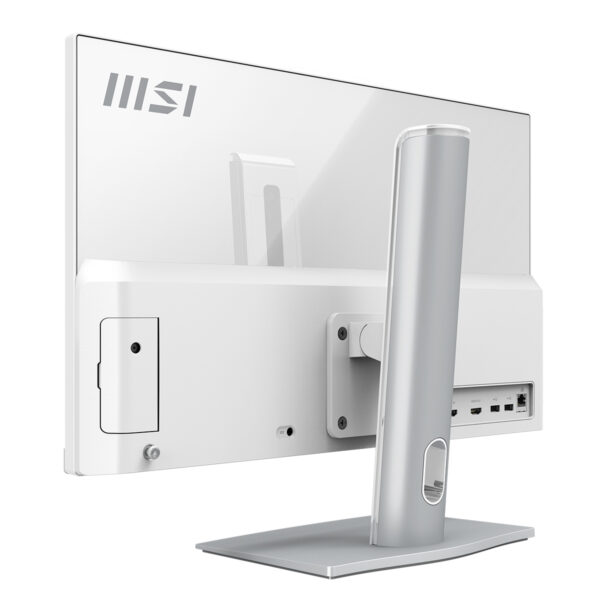MSI markalı beyaz All In One bilgisayarın arka ve yan görünümü, monitör ve stand detaylarıyla birlikte.