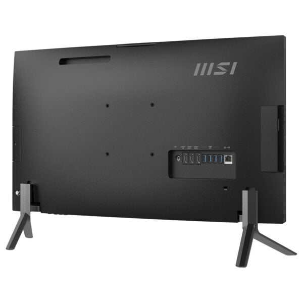 MSI Modern AM273Q AI 1UM-421EU all-in-one bilgisayarın arka görünümü, geniş bağlantı portları ve şık tasarımıyla dikkat çekiyor.