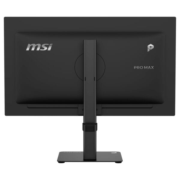 MSI PRO MAX 271UPX12G 26.5 inç 120Hz 4K UHD QD-OLED Pivot monitörün arka görünümü, siyah renkli ve ergonomik standlı tasarım.