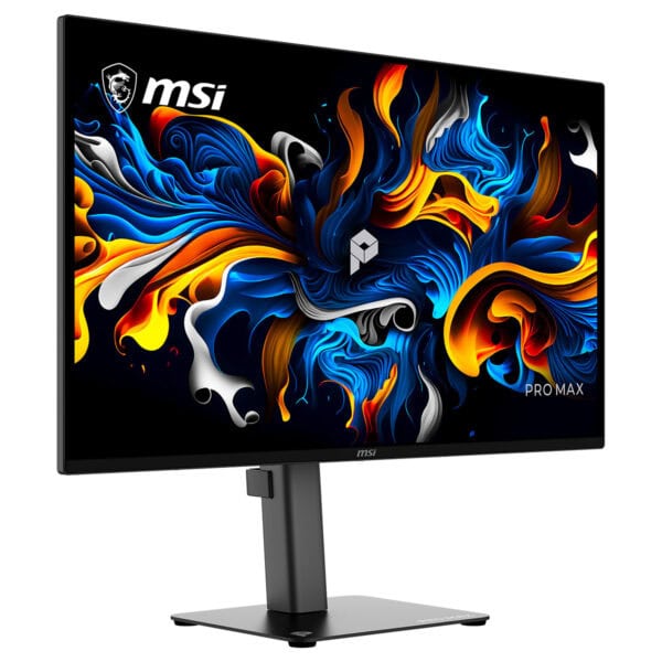 MSI PRO MAX 271UPX12G 26.5 inç 120Hz 4K UHD QD-OLED Pivot Monitör, yüksek çözünürlük ve renkli tasarım.