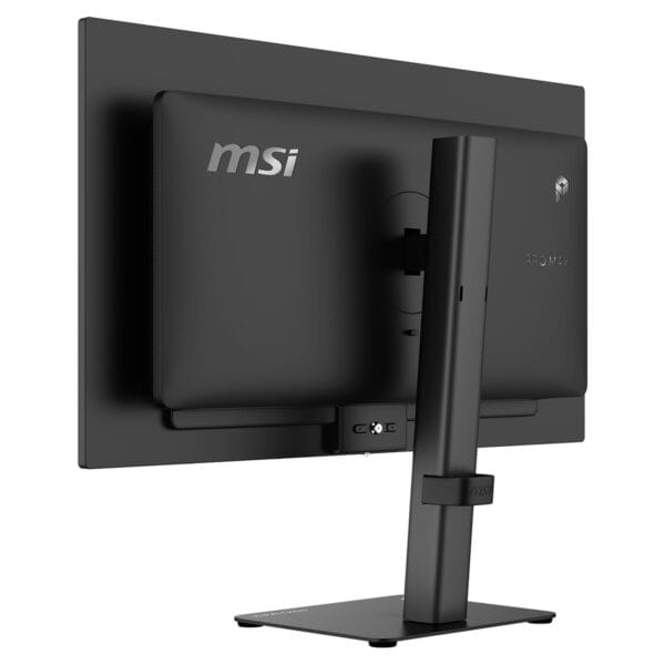 MSI PRO MAX 271UPX12G 26.5 inç 120Hz 4K UHD QD-OLED pivot monitörün arka görünümü, dayanıklı stand ve bağlantı noktaları detaylarıyla.