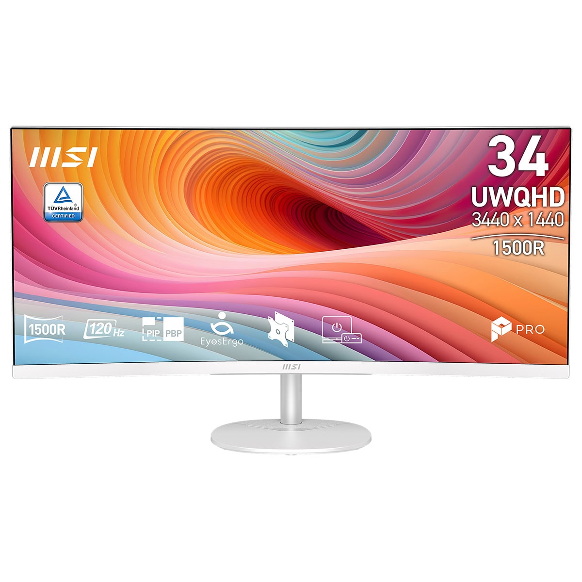 MSI PRO MP341CQW E12 34 inç 120Hz UWQHD kavisli monitör, FreeSync Premium, VA panel, 1500R eğrilik, EyesErgo teknolojisi, profesyonel ve oyun kullanımı için ideal.