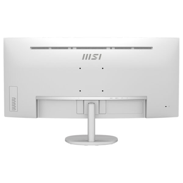 MSI PRO MP341CQW E12 34 inç 120Hz UWQHD FreeSync Premium VA Kavisli Monitör arka görünüm, beyaz renkli, ergonomik standlı, detaylı tasarım.