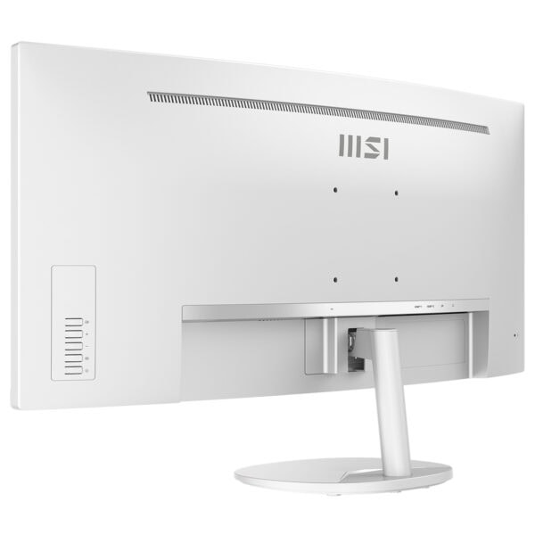 MSI PRO MP341CQW E12 34 inç 120Hz UWQHD FreeSync Premium VA kavisli monitör arka görünüm, beyaz renkli, ergonomik stand ve bağlantı noktaları.