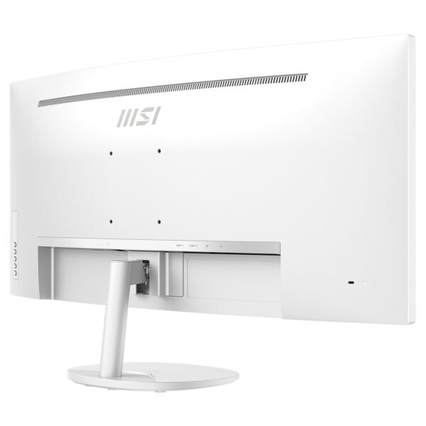 MSI PRO MP341CQW E12 34 inç kavisli monitörün arka görünümü, beyaz renk ve şık tasarım detaylarıyla dikkat çekiyor.