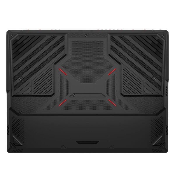 MSI Raider 18 Max HX dizüstü oyun bilgisayarının arka paneli, soğutma ve tasarım detaylarıyla dikkat çekiyor.