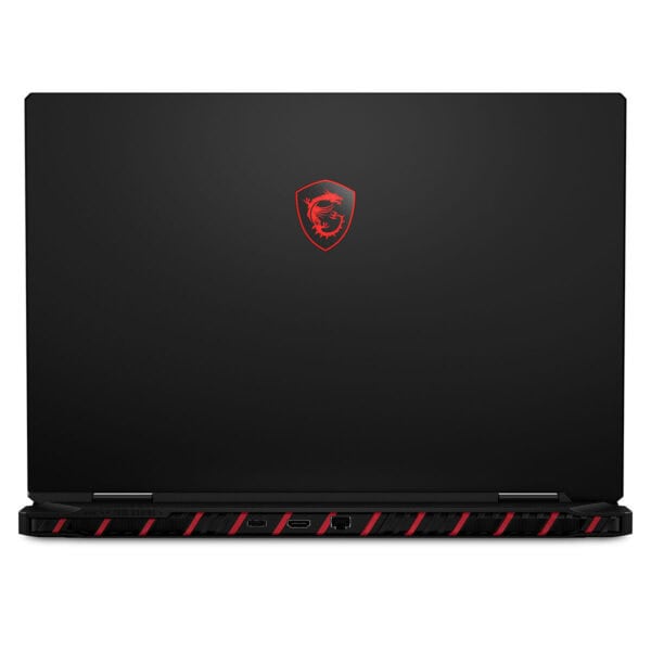 MSI Raider 18 MAX HX oyun dizüstü bilgisayarı, kapak üzerinde kırmızı MSI logosu ve şık tasarımıyla dikkat çekiyor.