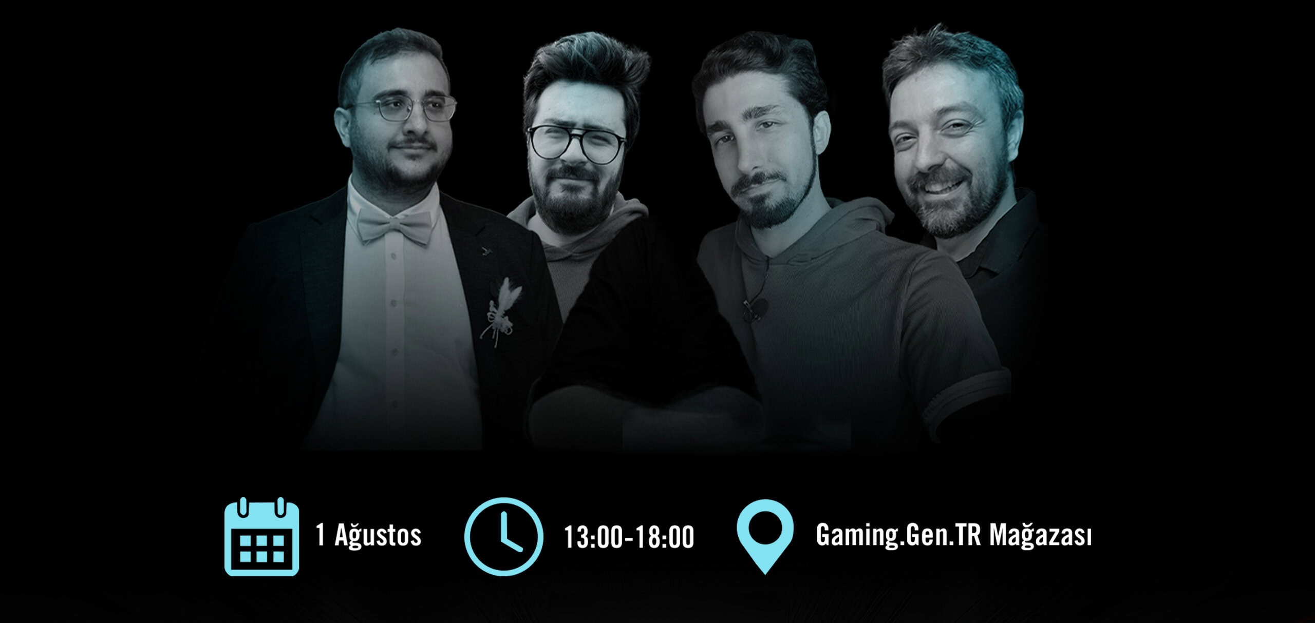 ROG STRIX MORPH 96 klavye lansman etkinliği için dört kişi, karanlık arka planda poz veriyor.