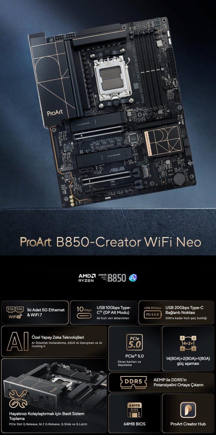 ASUS ProArt B850-CREATOR WIFI NEO 9000 MHz (OC) DDR5 AM5 Soket M.2 HDMI DP ATX Anakart h2