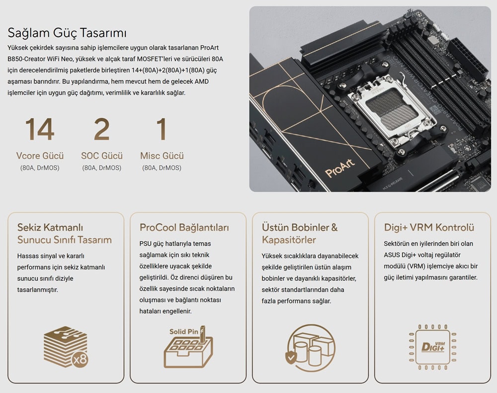 ASUS ProArt B850-CREATOR WIFI NEO 9000 MHz (OC) DDR5 AM5 Soket M.2 HDMI DP ATX Anakart h7