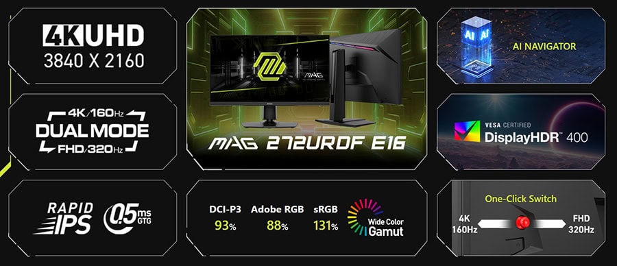 MSI MAG 272URDF E16 27 inç 320Hz FHD - 160Hz 4K UHD Dual-Mode 0.5ms FreeSync Premium Rapid IPS Pivot Gaming Monitör h4