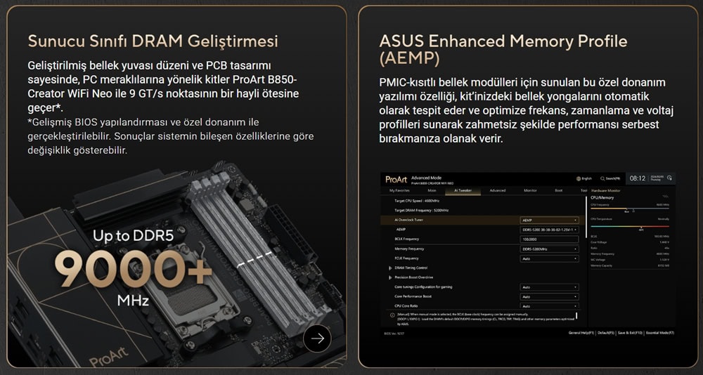 ASUS ProArt B850-CREATOR WIFI NEO 9000 MHz (OC) DDR5 AM5 Soket M.2 HDMI DP ATX Anakart h10