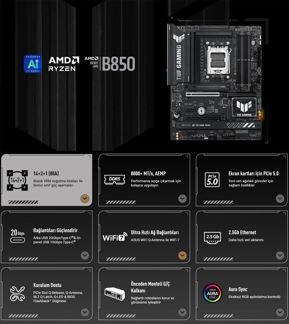 TUF GAMING B850-PLUS WIFI ASUS TUF Gaming B850-PLUS WiFi 8000MHz (OC) DDR5 Soket AM5 M.2 HDMI DP ATX Anakart h2