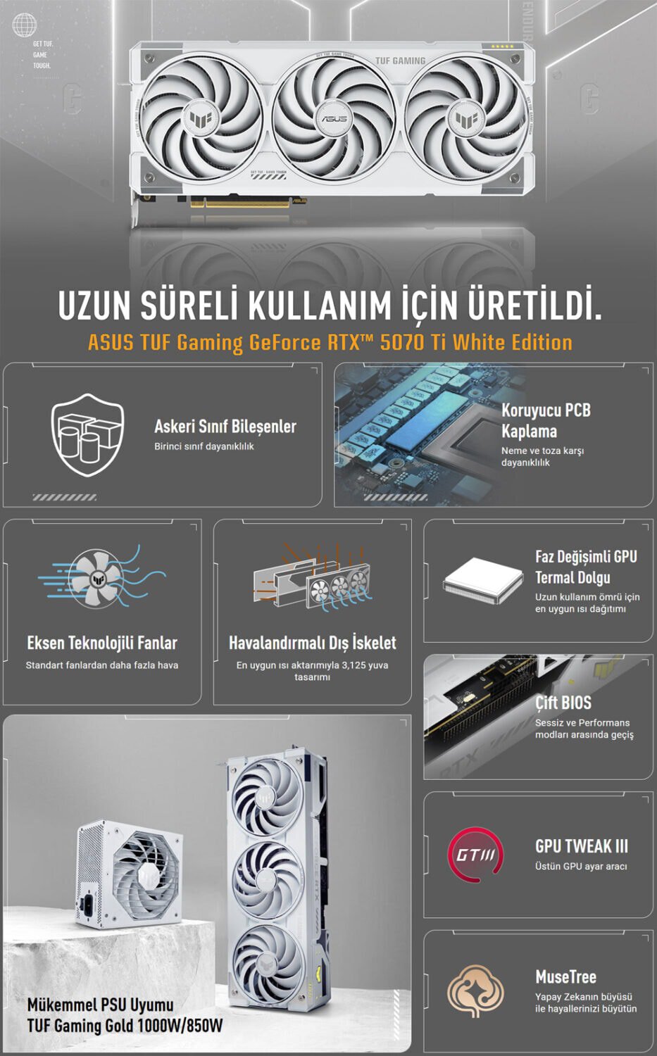 ASUS TUF Gaming GeForce RTX™ 5070 Ti 16GB GDDR7 White OC Edition ASUS TUF Gaming GeForce RTX 5070 Ti OC 16GB GDDR7 256 Bit Beyaz DLSS 4 Ekran Kartı h2