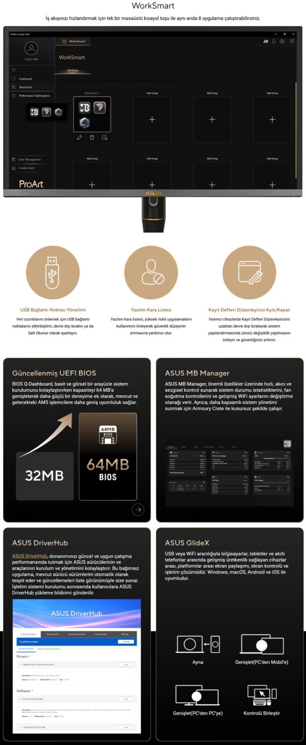 ASUS ProArt B850-CREATOR WIFI NEO 9000 MHz (OC) DDR5 AM5 Soket M.2 HDMI DP ATX Anakart h12