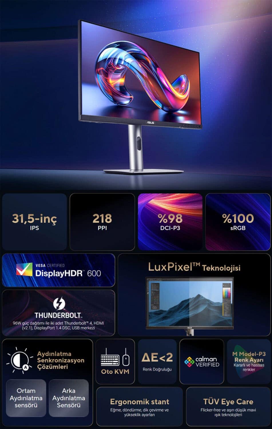 ProArt Display 6K PA32QCV ASUS ProArt PA32QCV 31.5 inç 60Hz 5ms 6K UHD Adaptive Sync IPS Pivot Monitör h2