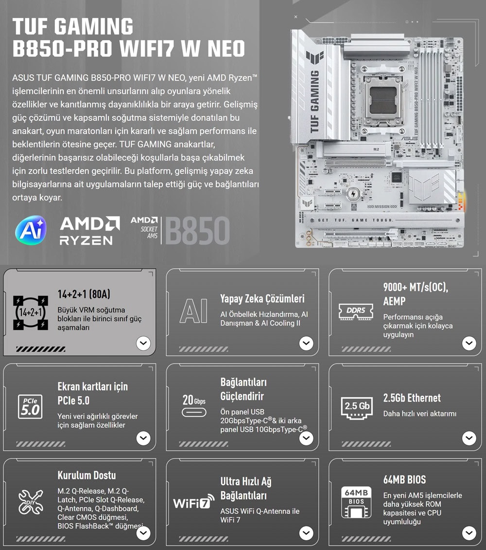 ASUS TUF GAMING B850-PRO WIFI7 W NEO 9000MHz (OC) DDR5 Soket AM5 M.2 HDMI DP ATX Anakart h2