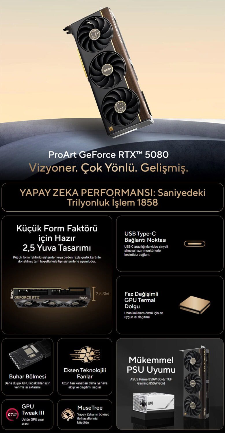 ProArt GeForce RTX™ 5080 16GB GDDR7 OC Edition ASUS ProArt GeForce RTX 5080 16GB GDDR7 OC Edition 256 Bit DLSS 4 Ekran Kartı h2