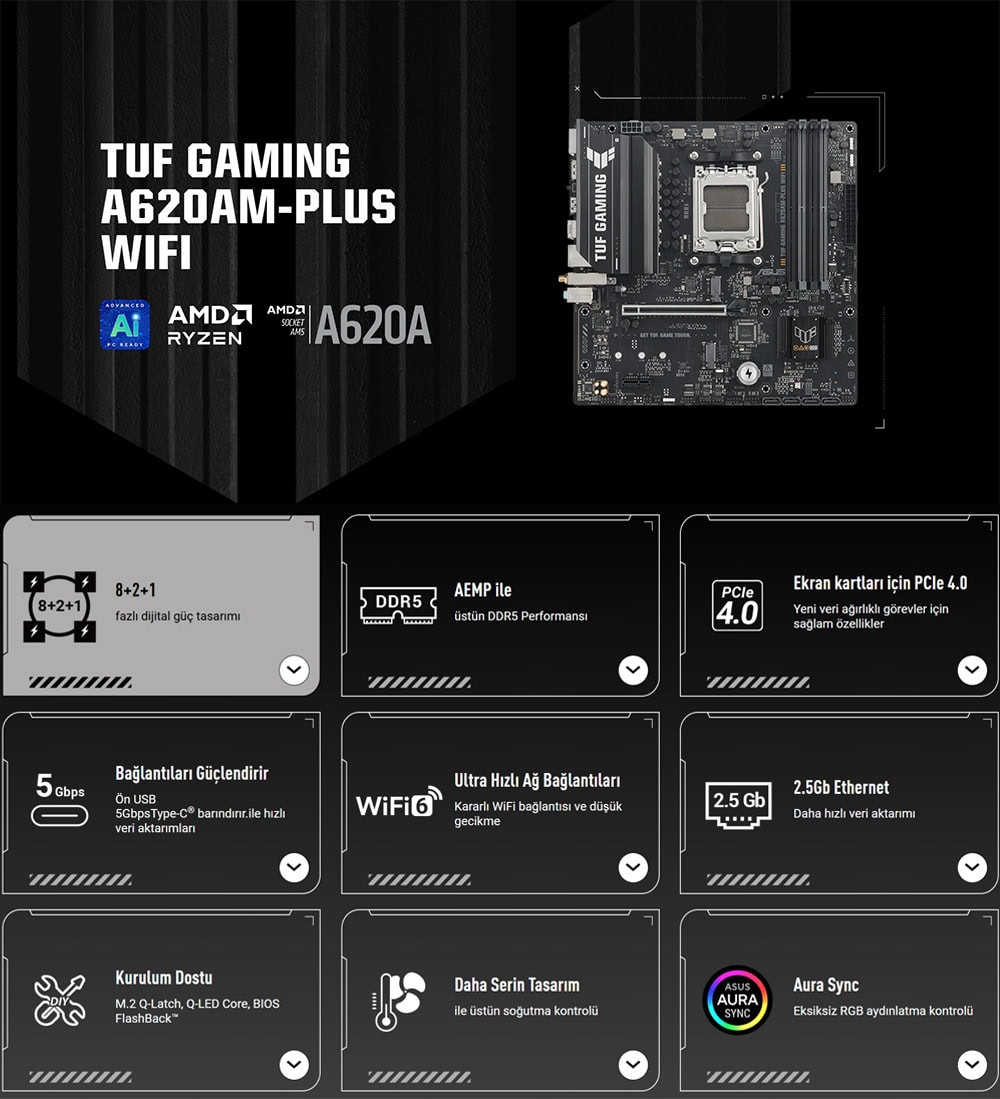 ASUS TUF Gaming A620AM-PLUS WIFI 7600MHz (OC) DDR5 Soket AM5 M.2 HDMI DP mATX Anakart h2