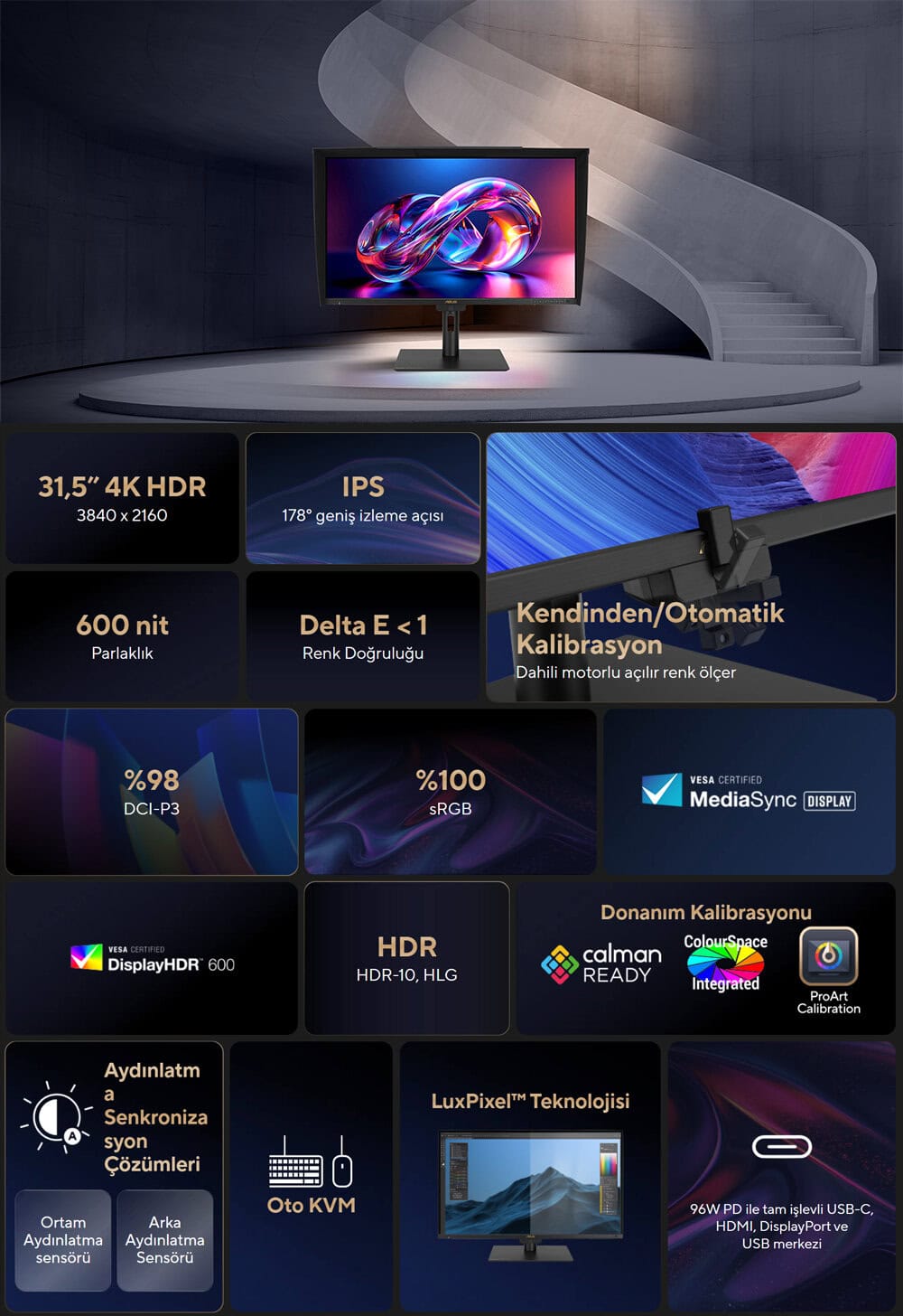 ProArt Display PA32UCE ASUS ProArt PA32UCE 31.5 inç 60Hz 5ms 4K UHD Adaptive Sync IPS Pivot Monitör h2