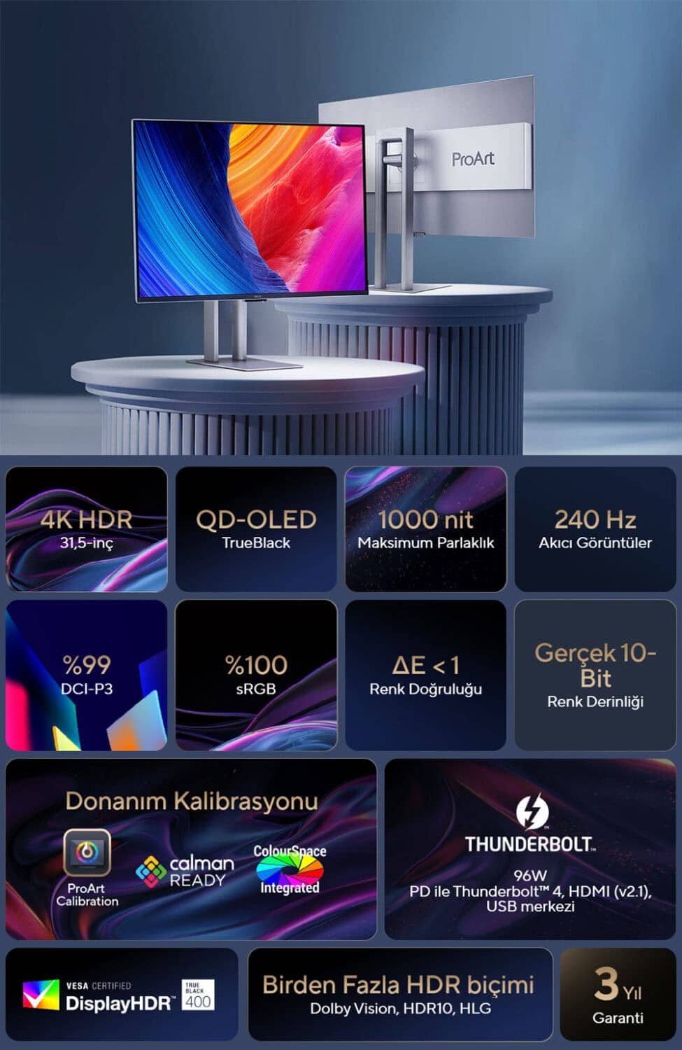 ProArt Display OLED PA32UCDM ASUS ProArt PA32UCDM 31.5 inç 240Hz 0.1ms 4K UHD Adaptive Sync QD-OLED Pivot Monitör h2