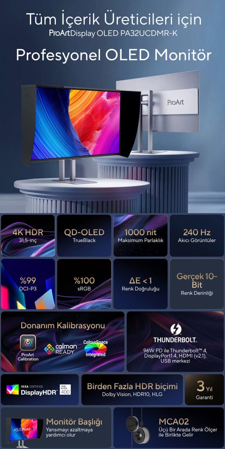 ProArt Display OLED PA32UCDMR-K ASUS ProArt PA32UCDMR-K 31.5 inç 240Hz 0.1ms 4K UHD Adaptive Sync QD-OLED Pivot Monitör h3