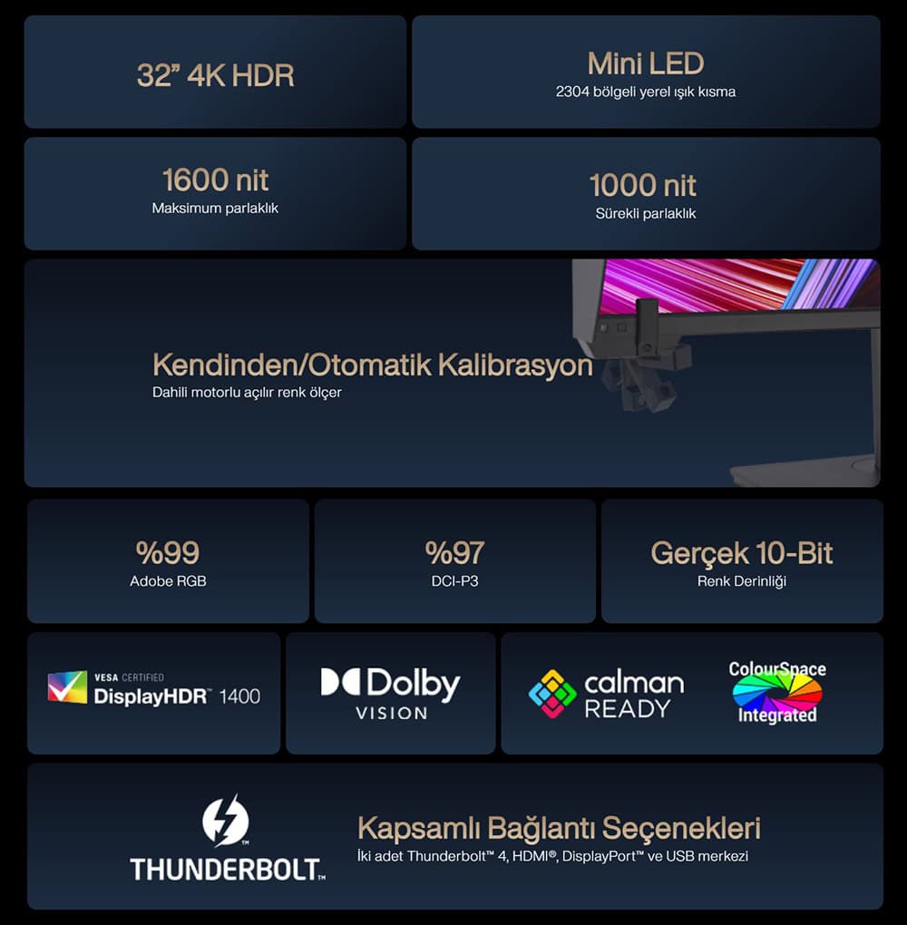 ProArt Display PA32UCXR ASUS ProArt PA32UCXR 32 inç 60Hz 5ms 4K UHD Adaptive Sync IPS Pivot Monitör h3