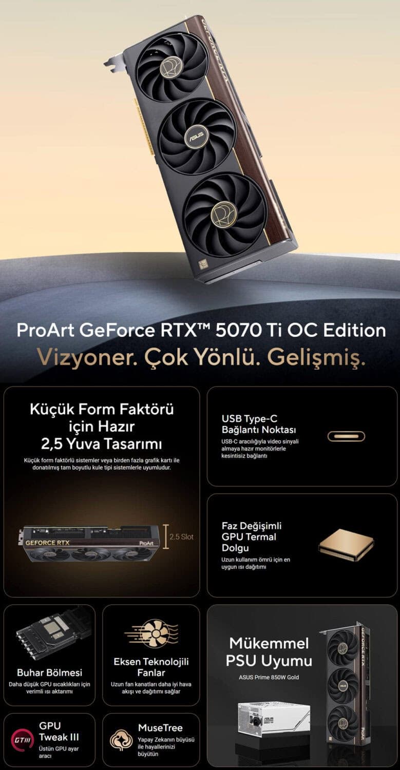 ProArt GeForce RTX™ 5070 Ti OC Edition 16GB GDDR7 ASUS ProArt GeForce RTX 5070 Ti OC Edition 16GB GDDR7 256 Bit DLSS 4 Ekran Kartı h2