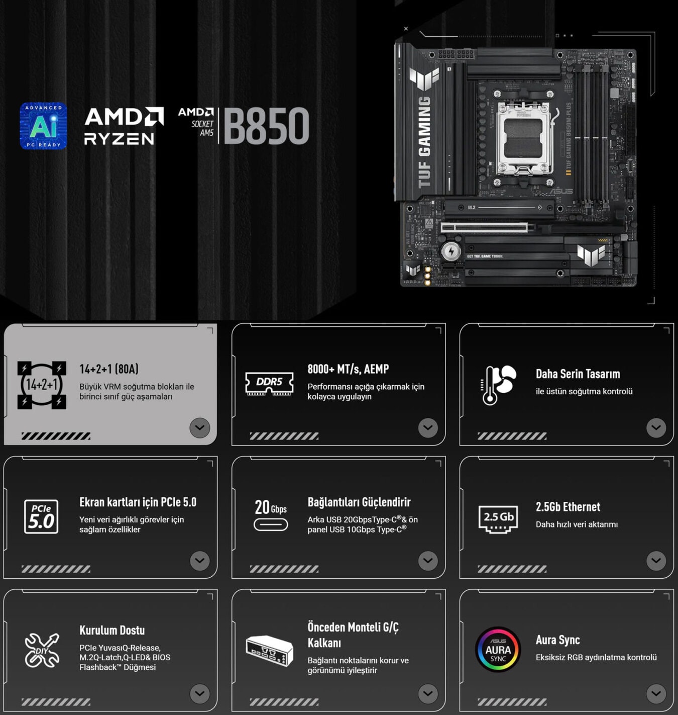 TUF GAMING B850M-PLUS asus-tuf-gaming-b850m-plus-8000mhz-oc-ddr5-soket-am5-m-2-hdmi-dp-matx-anakart