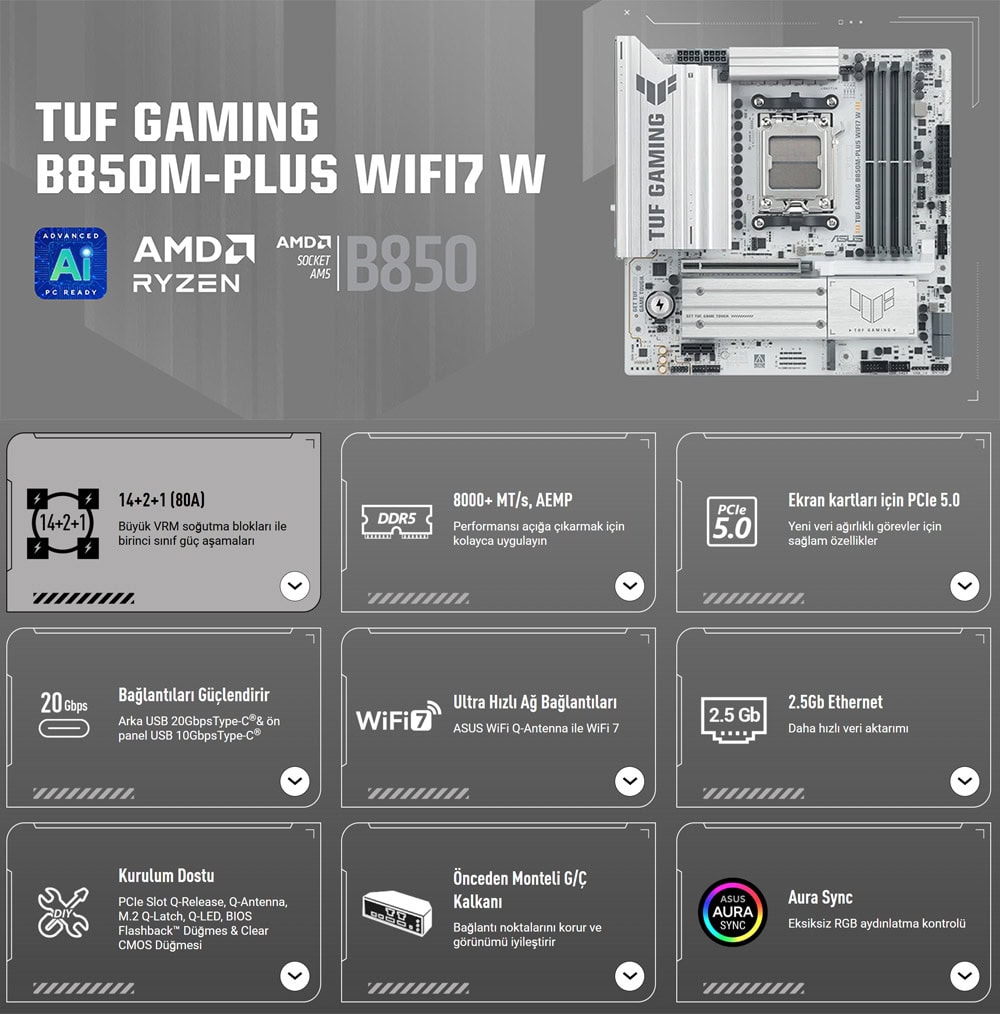 TUF GAMING B850M-PLUS WIFI7 W asus-tuf-gaming-b850m-plus-wifi7-w-8000mhz-oc-ddr5-soket-am5-m-2-hdmi-dp-matx-anakart