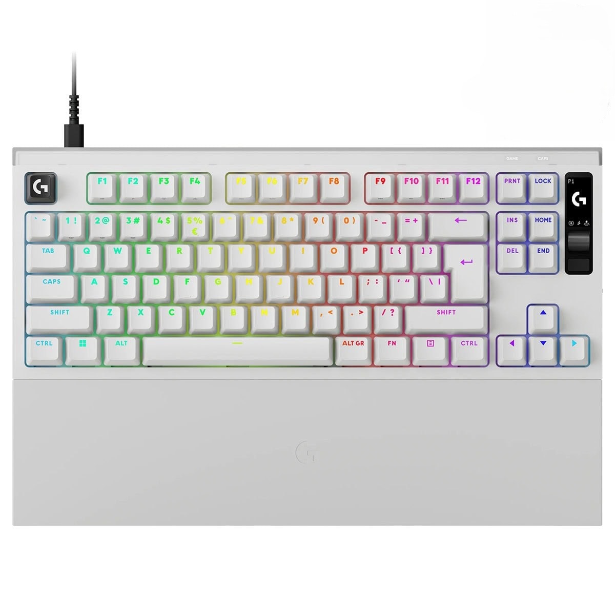 Logitech G PRO X2 RAPID Beyaz TKL KS-20 klavye, çok renkli RGB aydınlatma ile ince beyaz gövde ve Kablosuz olmayan USB-C bağlantı.