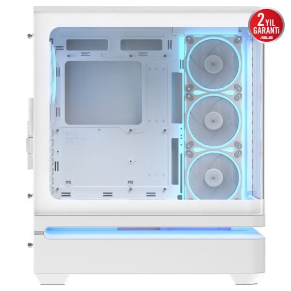 ASUS PRIME AP304 TG ARGB kavisli temperli camli beyaz ATX oyun kasası iç görünüm, ön RGB soğutma fanları ve temperli cam panel vurgulanıyor.