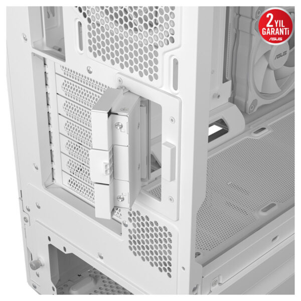 ASUS PRIME AP304 TG ARGB uyumlu beyaz orta kule oyun bilgisayarı kasasında temperli camlı yan panel ve hava delerleri, çok sayıda prizli geniş iç hacim ile 2 yıl garanti simgesi.