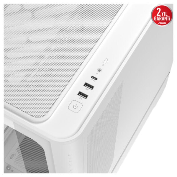 ASUS PRIME AP304 TG ARGB Kavisli Temperli Cam USB 3.2 Mid Tower Beyaz ATX Gaming Kasa görüntüsü, ön panelde USB bağlantıları ve güç düğmesi net şekilde görünür.